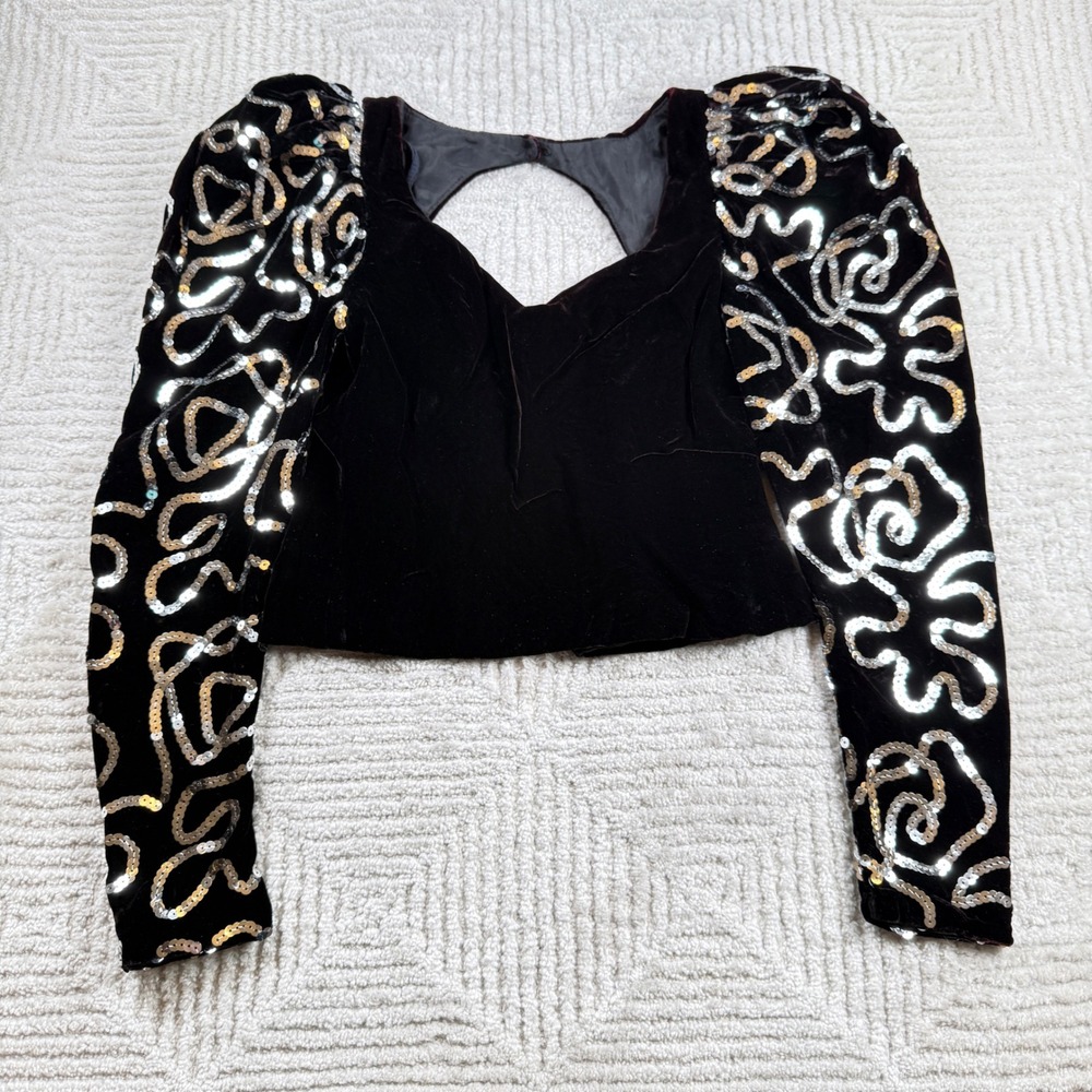 Dave & Johnny Velvet Crop Top Women S  Maroon Sequin Puff Sleeve VTG 80s Glam